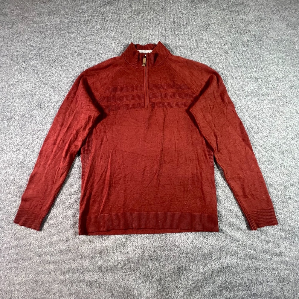 Royal Robbins Men L Red Merino Wool Blend 1/4 Zip Horizontal Stripe Sweater